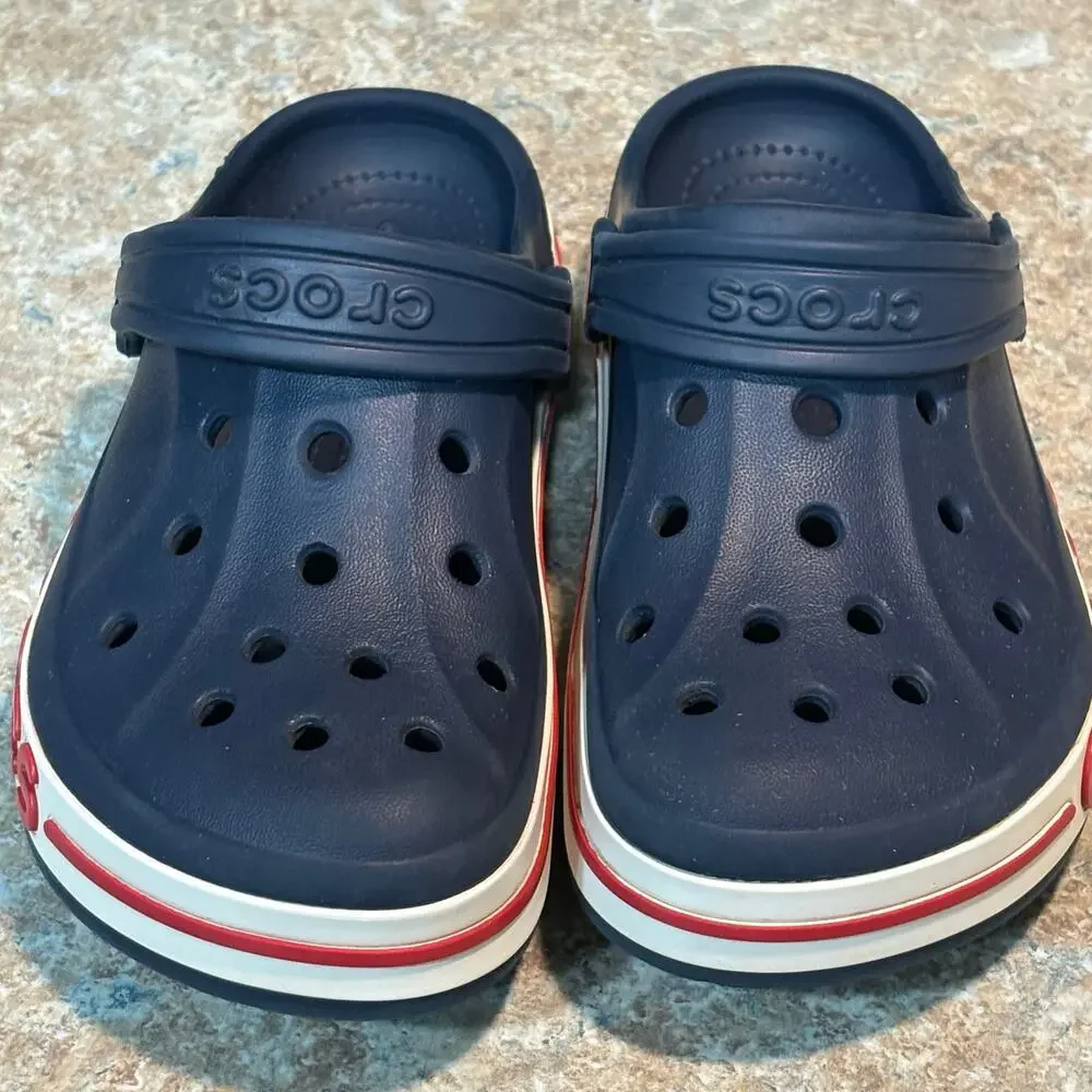 Crocs Navy Blue Banded Platform Red White Slip on Clog Shoes Size 13 Children's